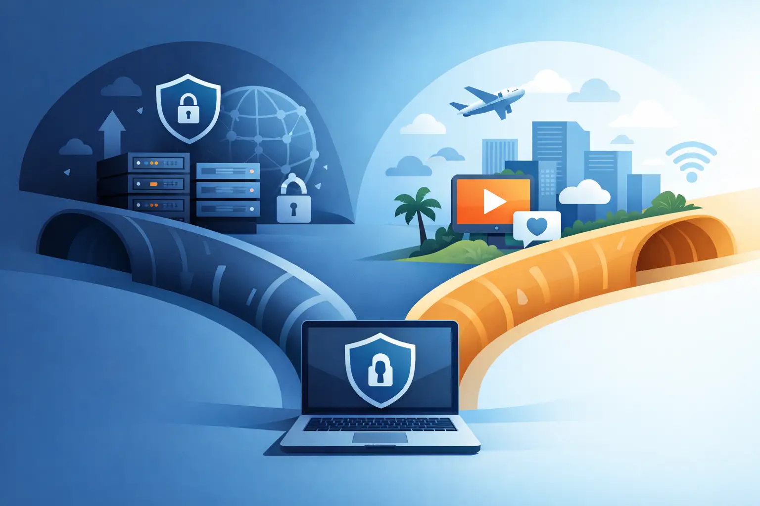 VPN tunnel illustration depicting secure server connections, geo-restriction bypass, and protected gaming console access.