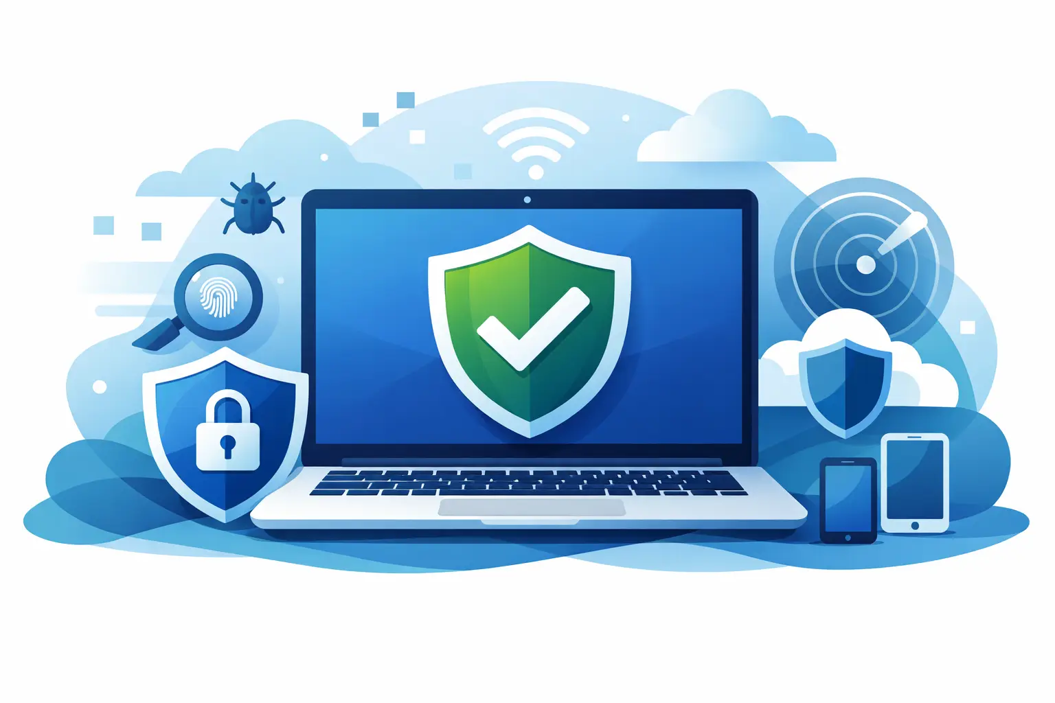 Laptop with security shield and icons representing online privacy and antivirus protection for Chromebook users.