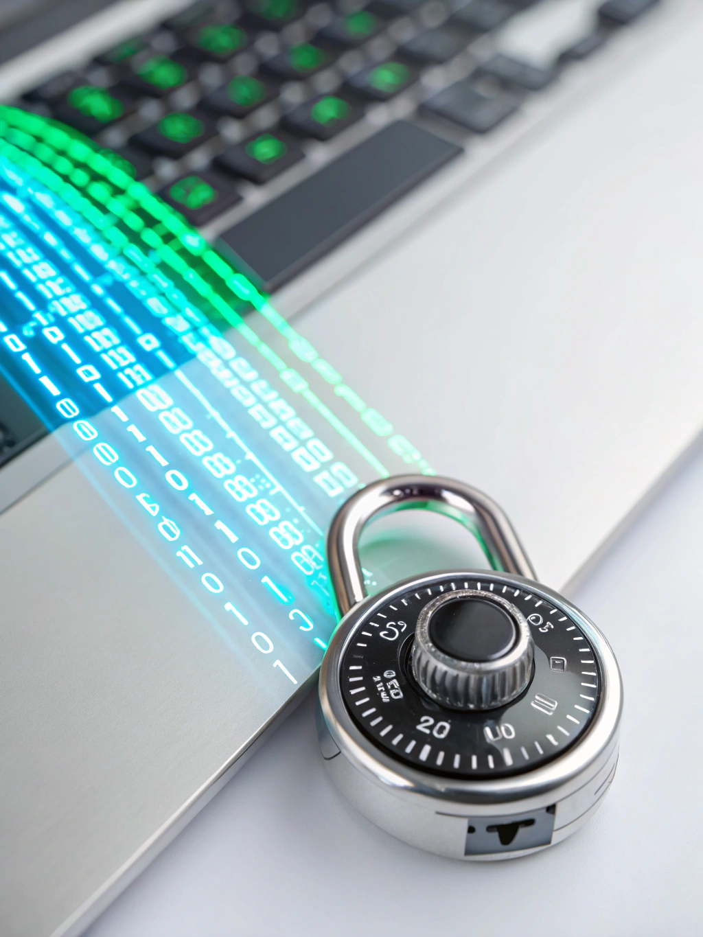 Abstract visualization of encrypted data streams secured by a digital padlock