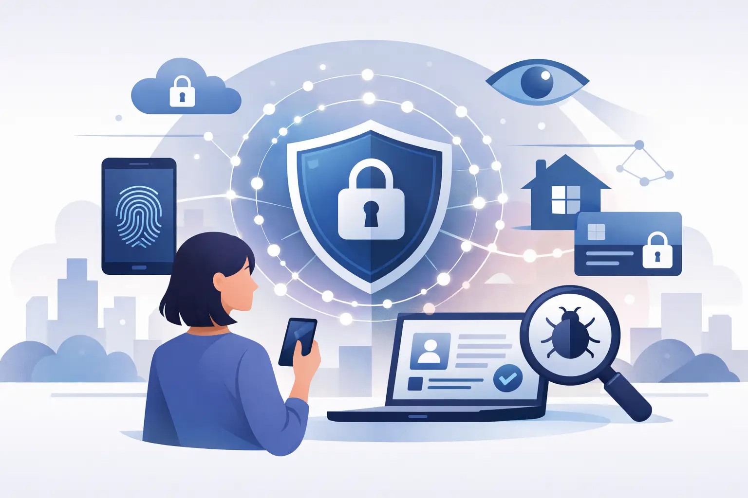 Cybersecurity trends and online privacy protection with VPN, encryption, and digital devices.