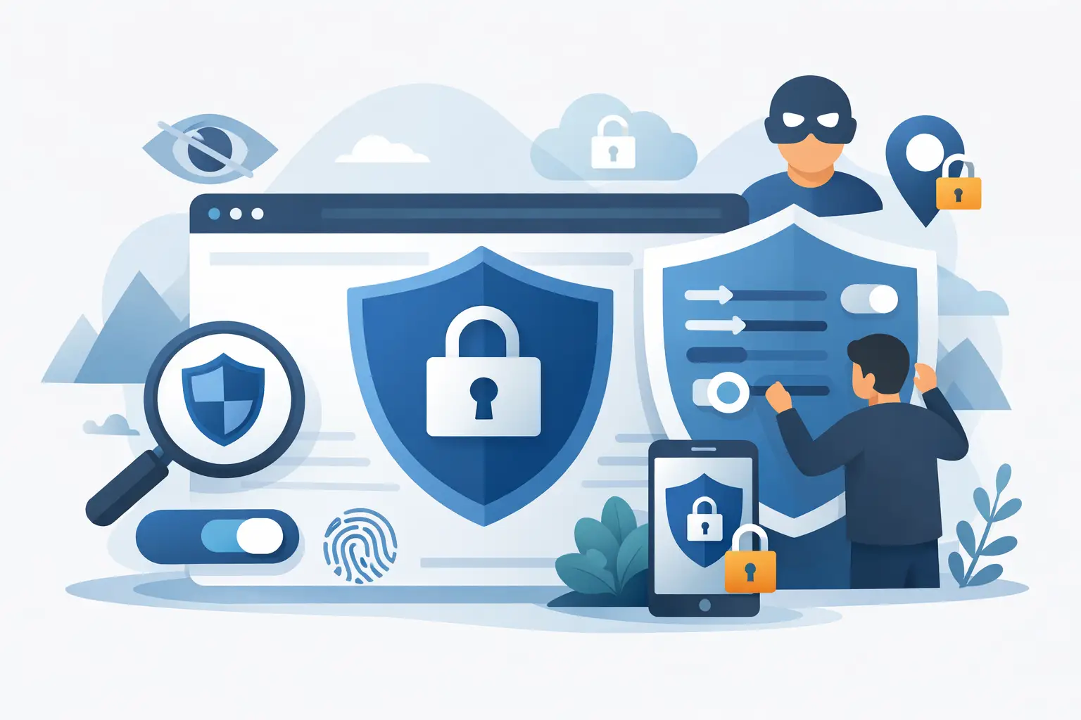 VPN kill switch illustration protecting browser data and devices from hacking threats.