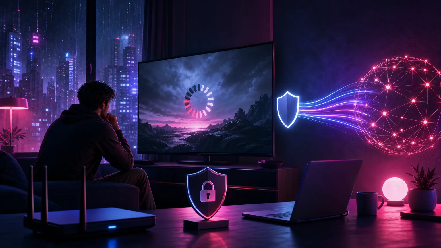 Man frustrated by buffering TV screen, VPN protection and cybersecurity solutions.
