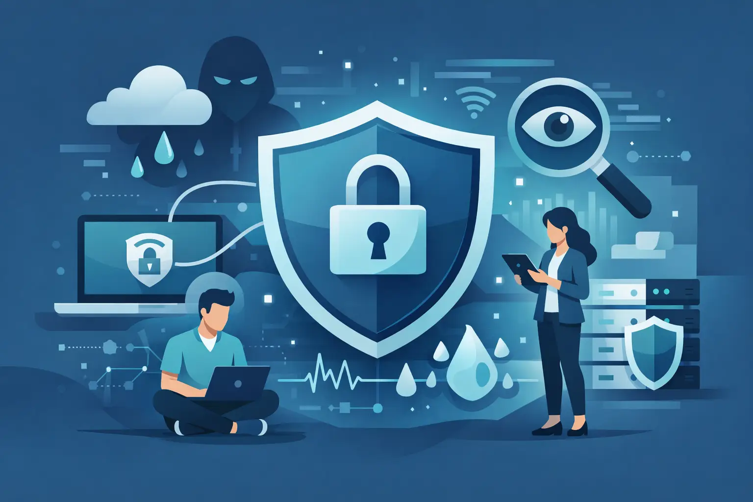 VPN security shield protecting data and devices from online threats and leaks.