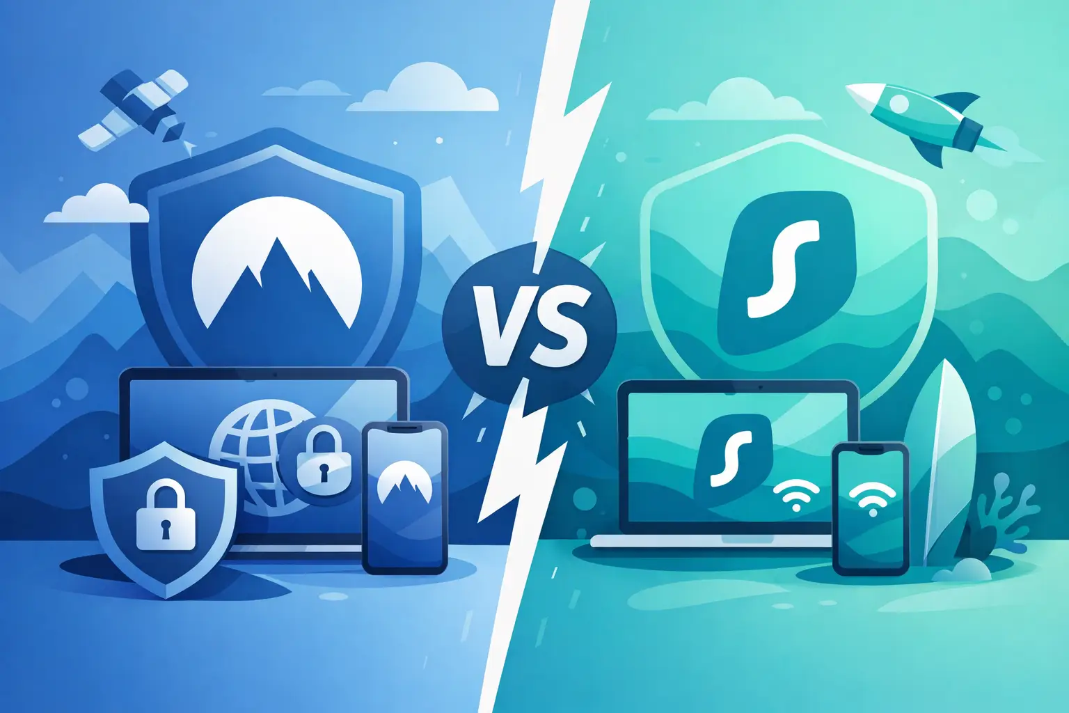 NordVPN vs Surfshark comparison graphic illustrating VPN services and online privacy.