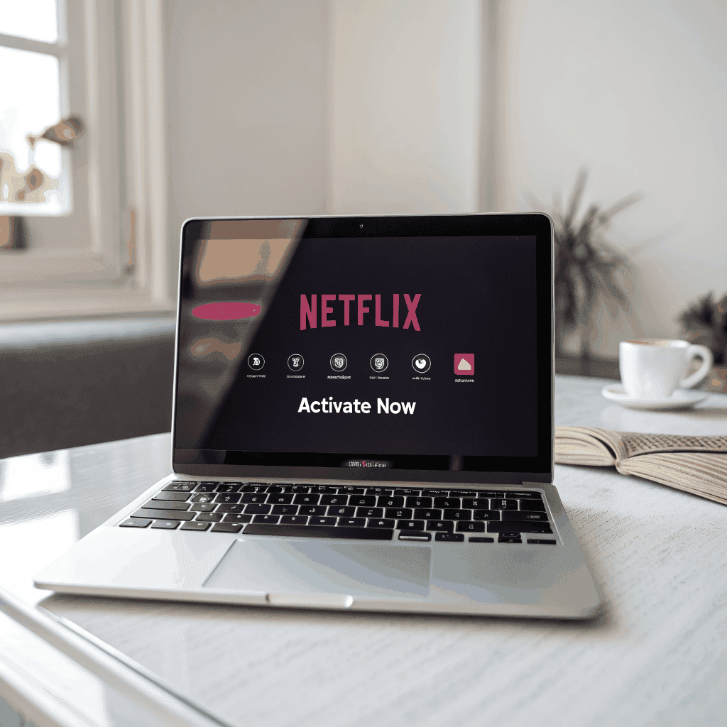 Laptop displaying Netflix streaming interface, VPN solution for unblocking content and saving.