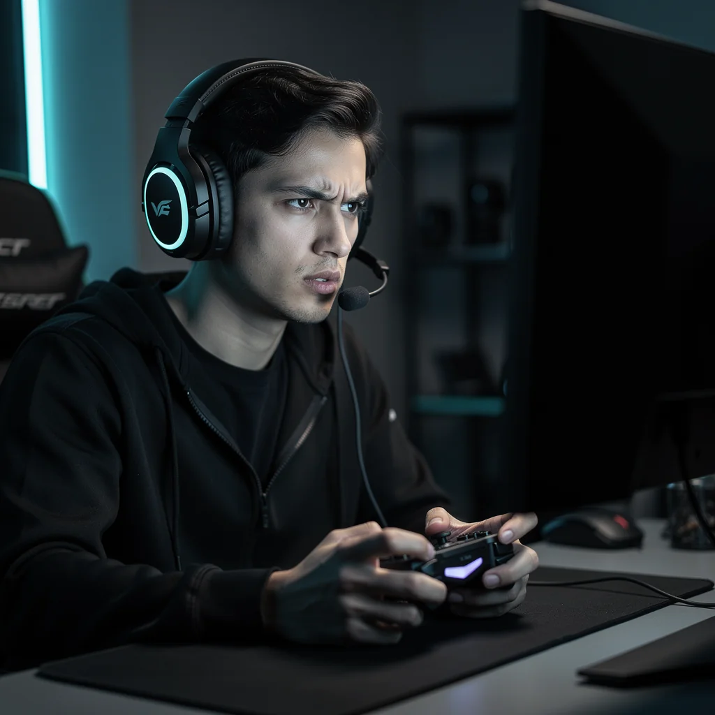 Gamer using VPN for secure online gaming and protection against DDoS attacks and IP tracking.