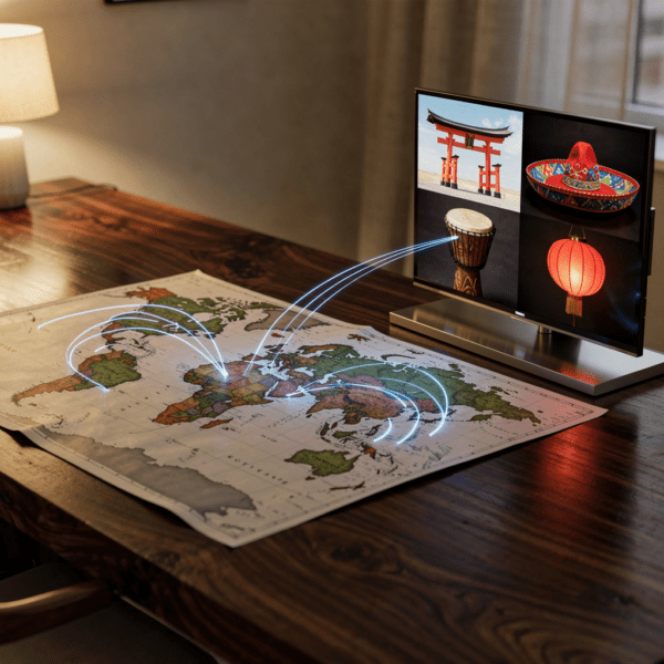 VPN bypassing geo-restrictions with global network and diverse content on TV screen.