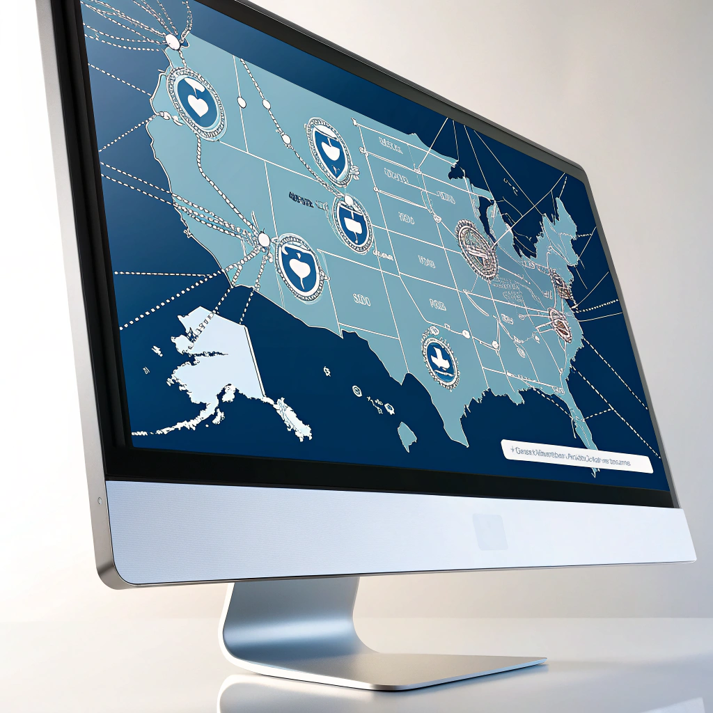 Computer screen displaying a map of the United States with VPN server locations, illustrating geo-restriction