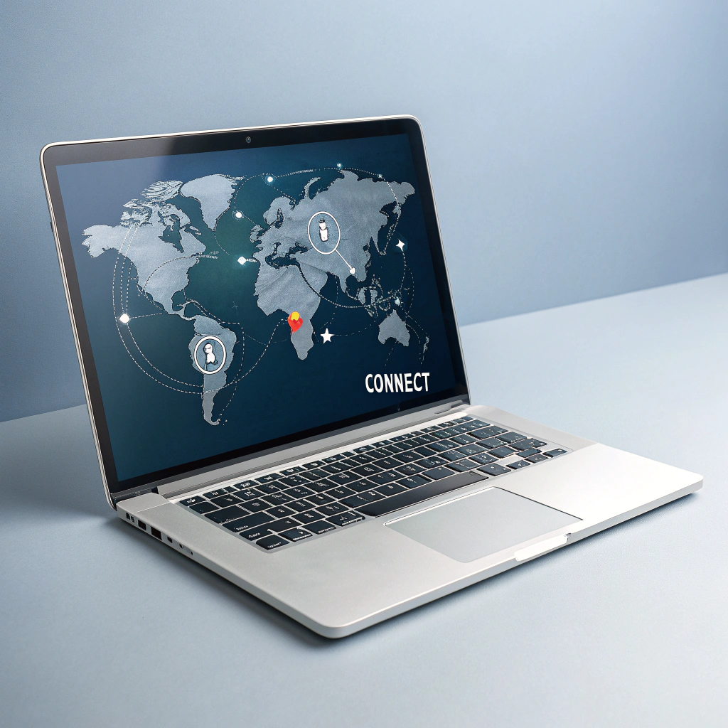 Laptop displaying world map with VPN connection points, bypassing geo-restrictions for streaming.