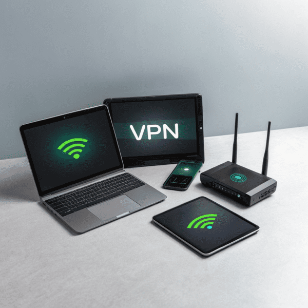 VPN comparison article featuring laptop, smartphone, tablet, and router with VPN logo.