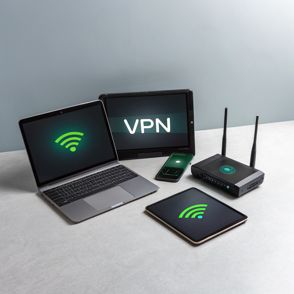 VPN comparison article featuring laptop, smartphone, tablet, and router with VPN logo.