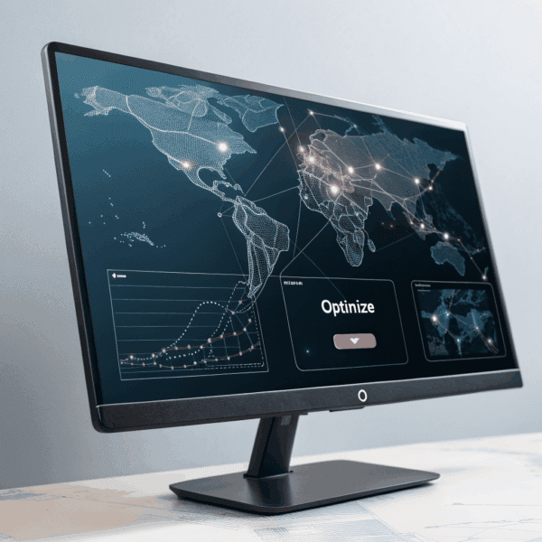 VPN speed test results displayed on monitor, global network map illustrating connection optimization for online