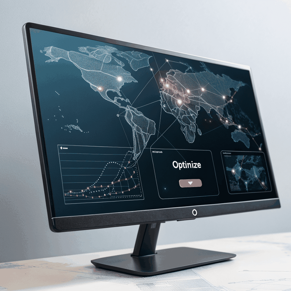 VPN speed test results displayed on monitor with global network map and data analysis graphs.