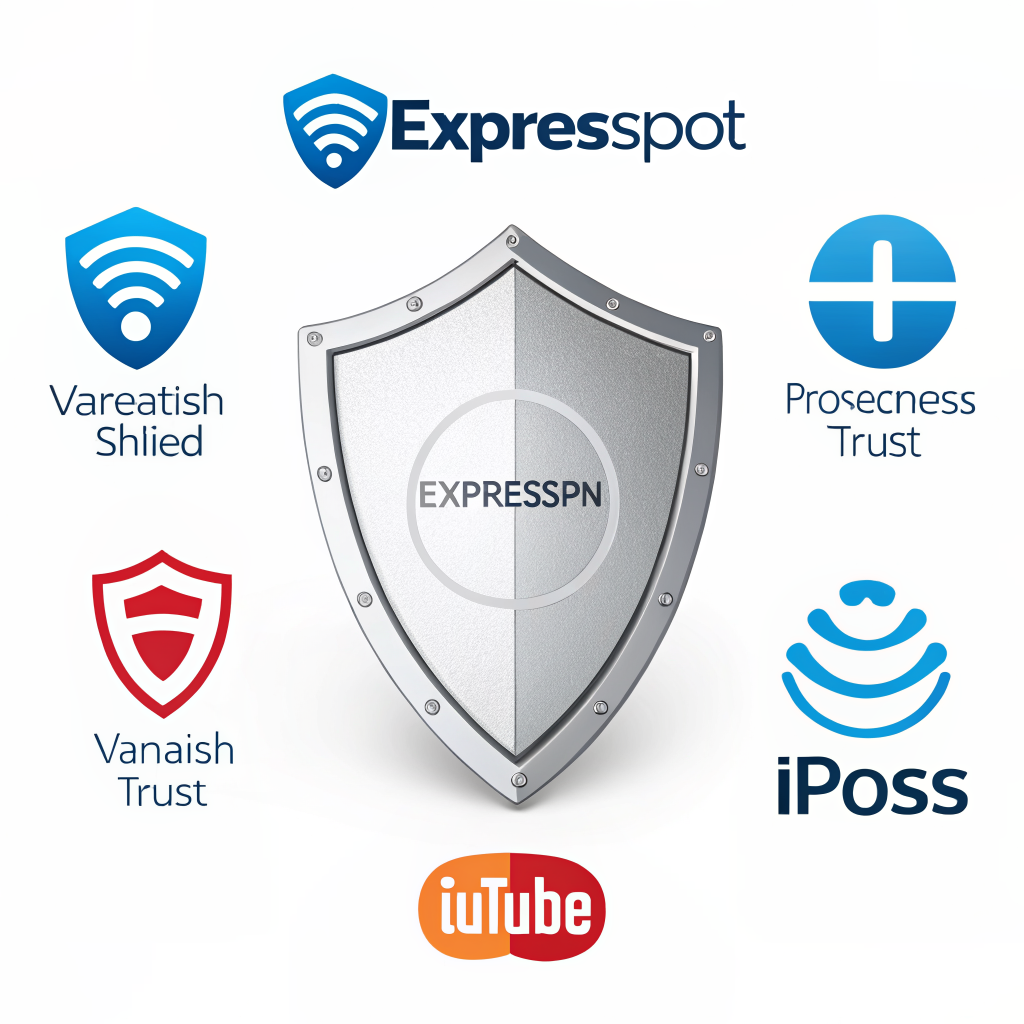 VPN comparison hub featuring Expressspot, Vareatish Shlied, Prosecness Trust, and iPoss logos, illustrating VPN security