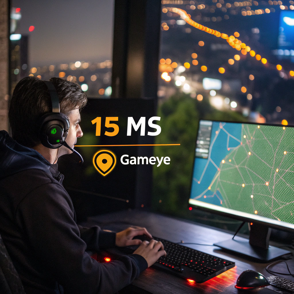 Person gaming with headphones and monitor displaying VPN latency benchmark of 15 MS using Gameye