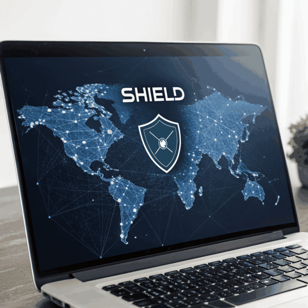 Laptop screen displaying a world map with a shield icon, illustrating VPN protection and global