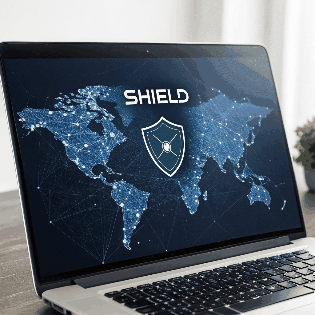 Laptop displaying global network and shield icon representing VPN security and data protection.