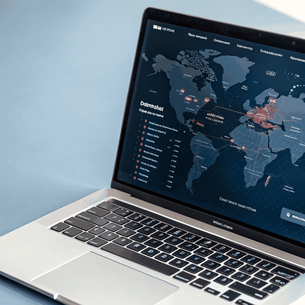 Laptop displaying a global VPN network map and security features information.