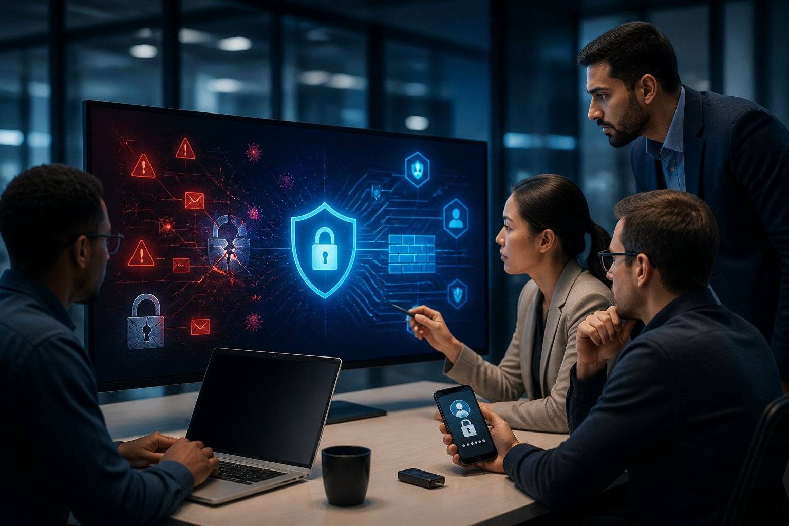 Cybersecurity team analyzing digital threats and data protection on screen.