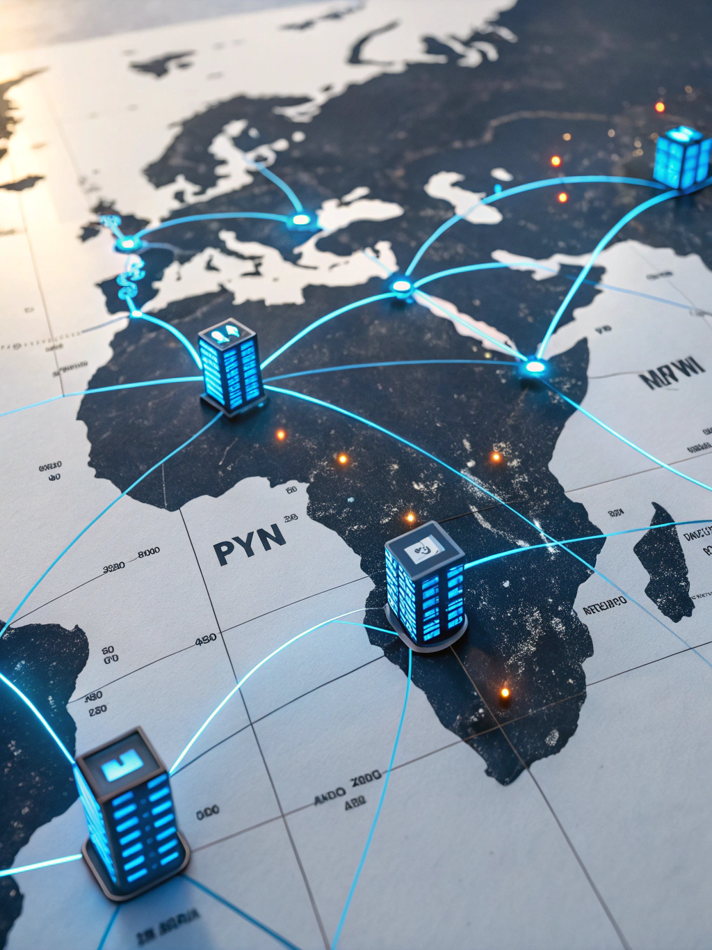 Digital dashboard showing secure VPN connection status with encrypted traffic flow and global server nodes