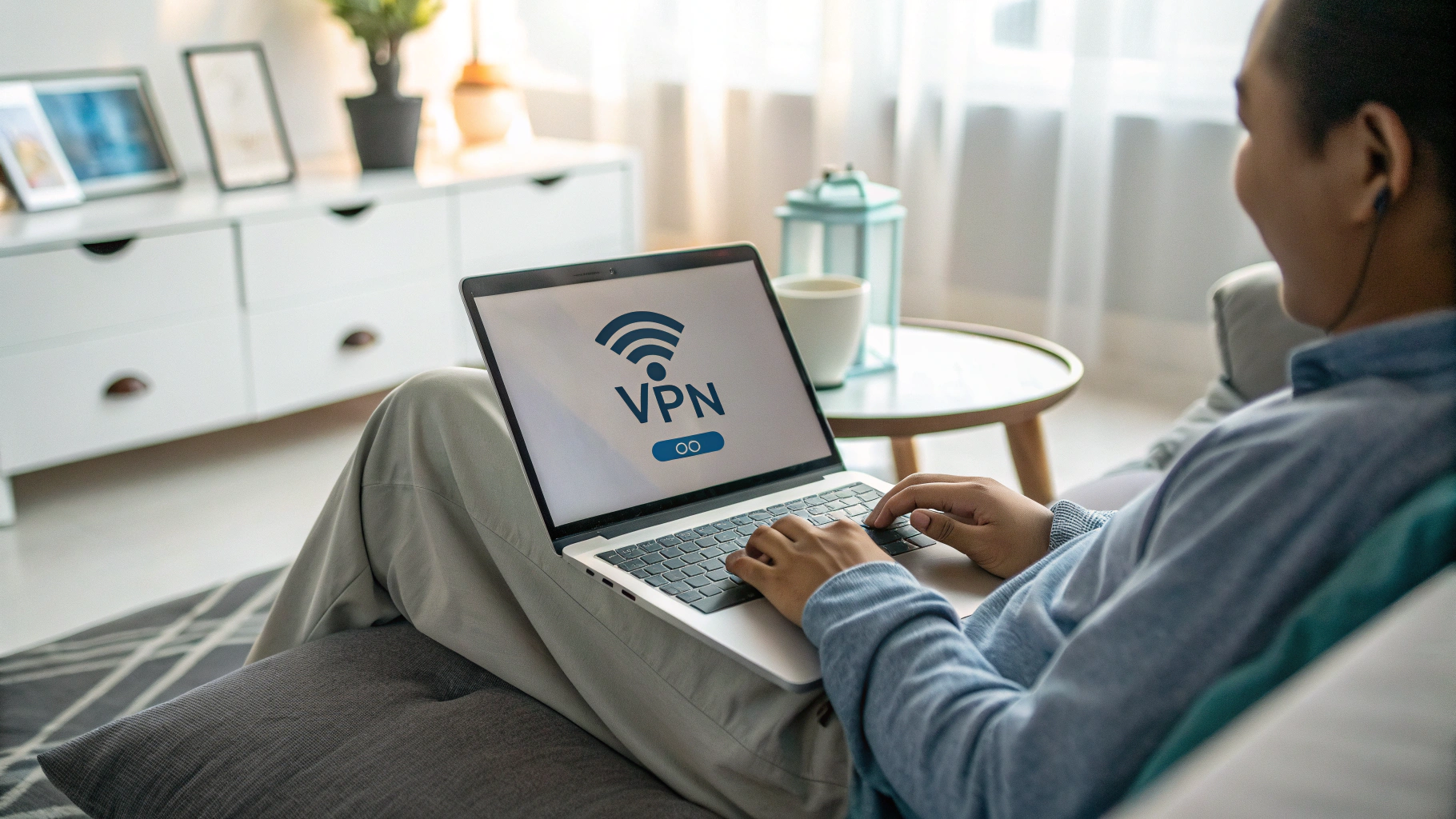 Encrypted VPN connection interface on a laptop screen in a public cafe setting
