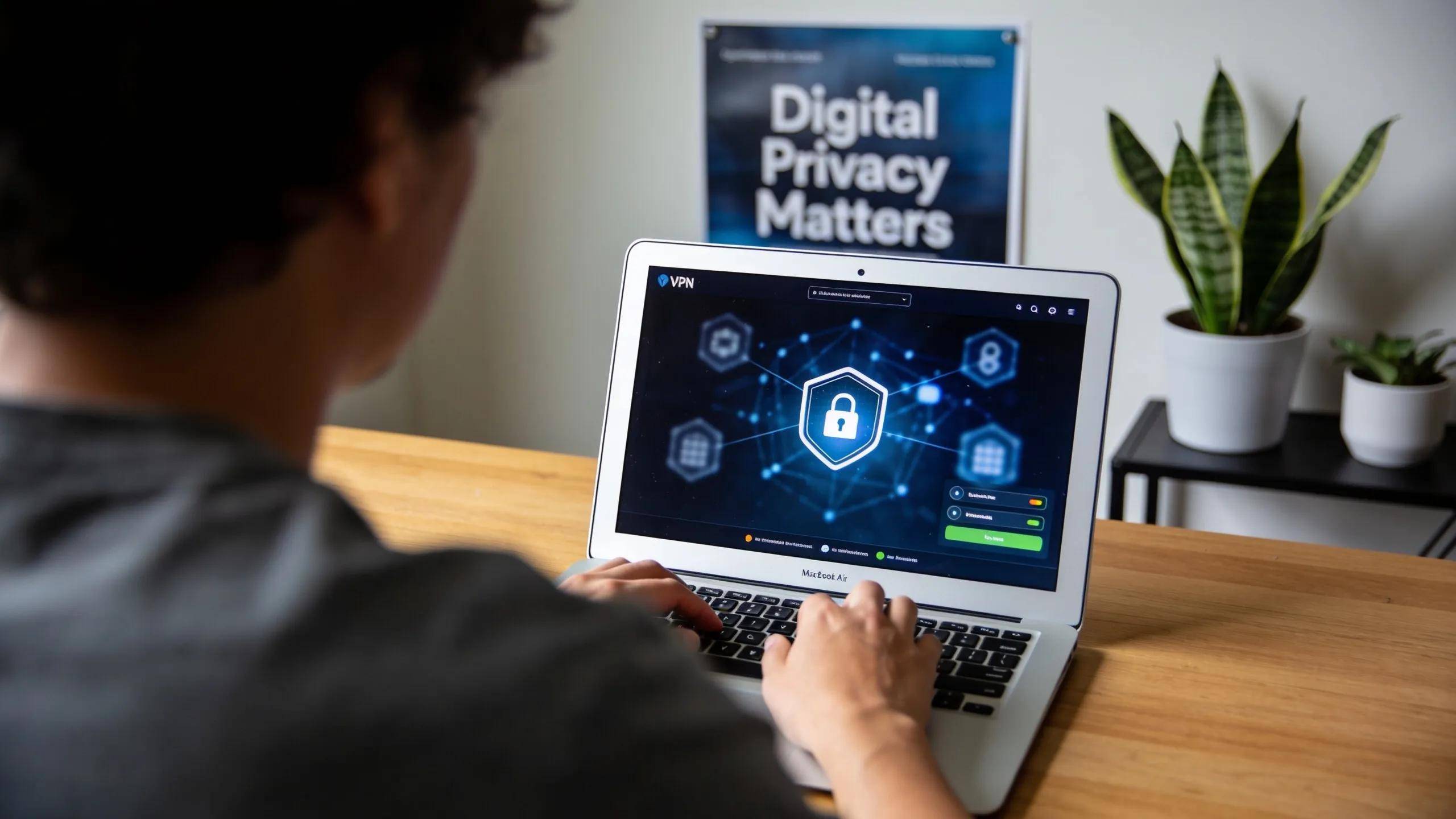 Person working on a laptop in a modern office, illustrating digital privacy and security themes
