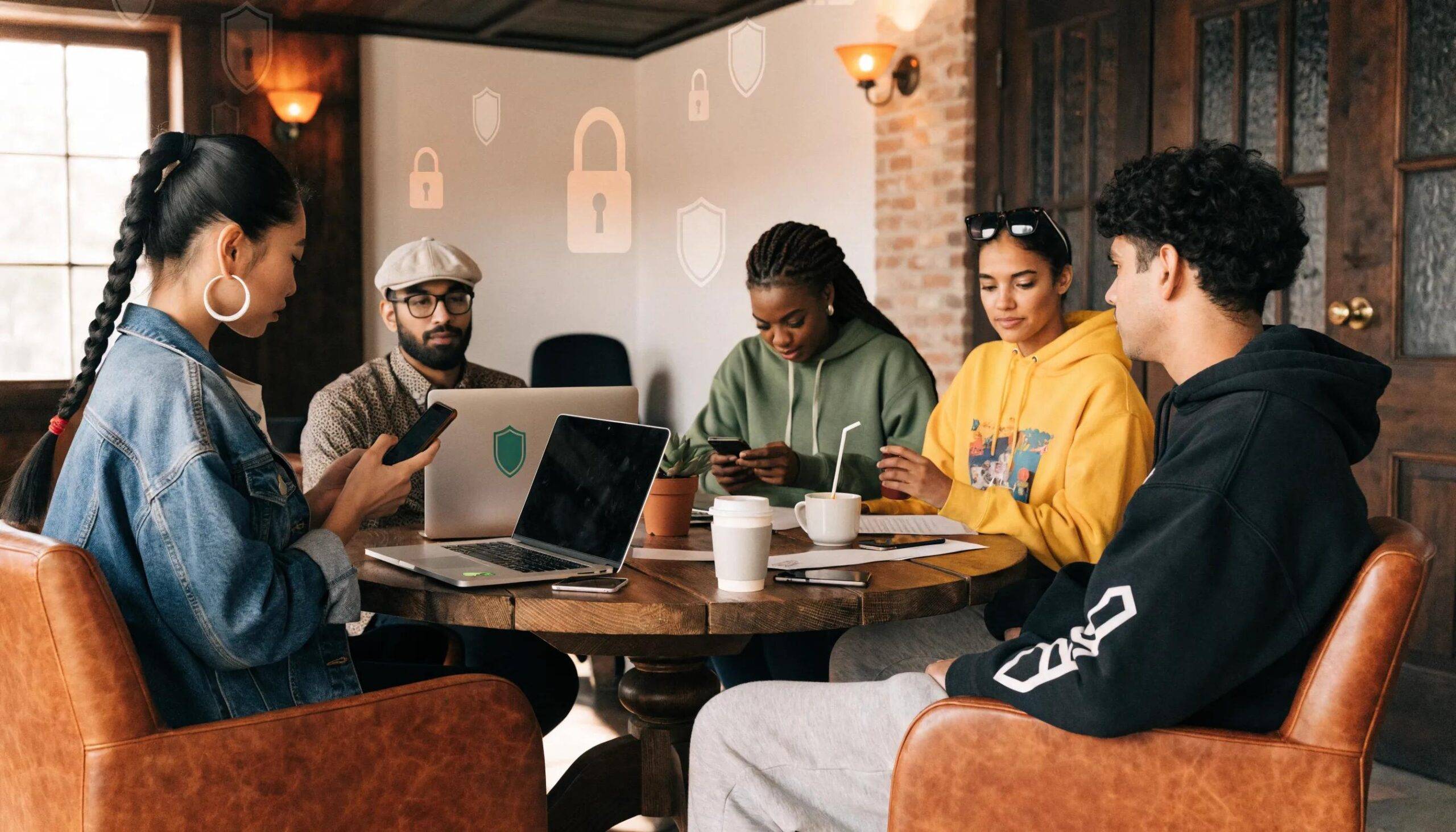 Group of users engaged with devices in a secure, modern workspace emphasizing digital privacy