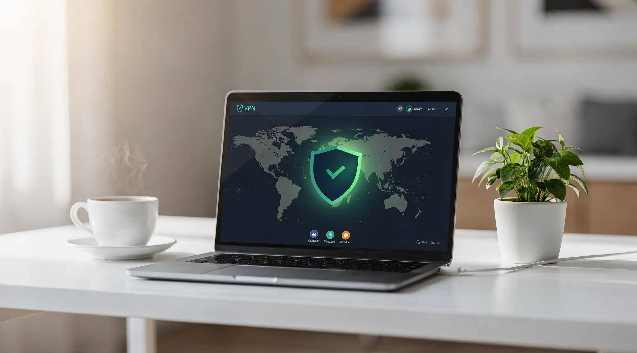 Modern workspace with a laptop showing VPN interface symbolizing online security and privacy
