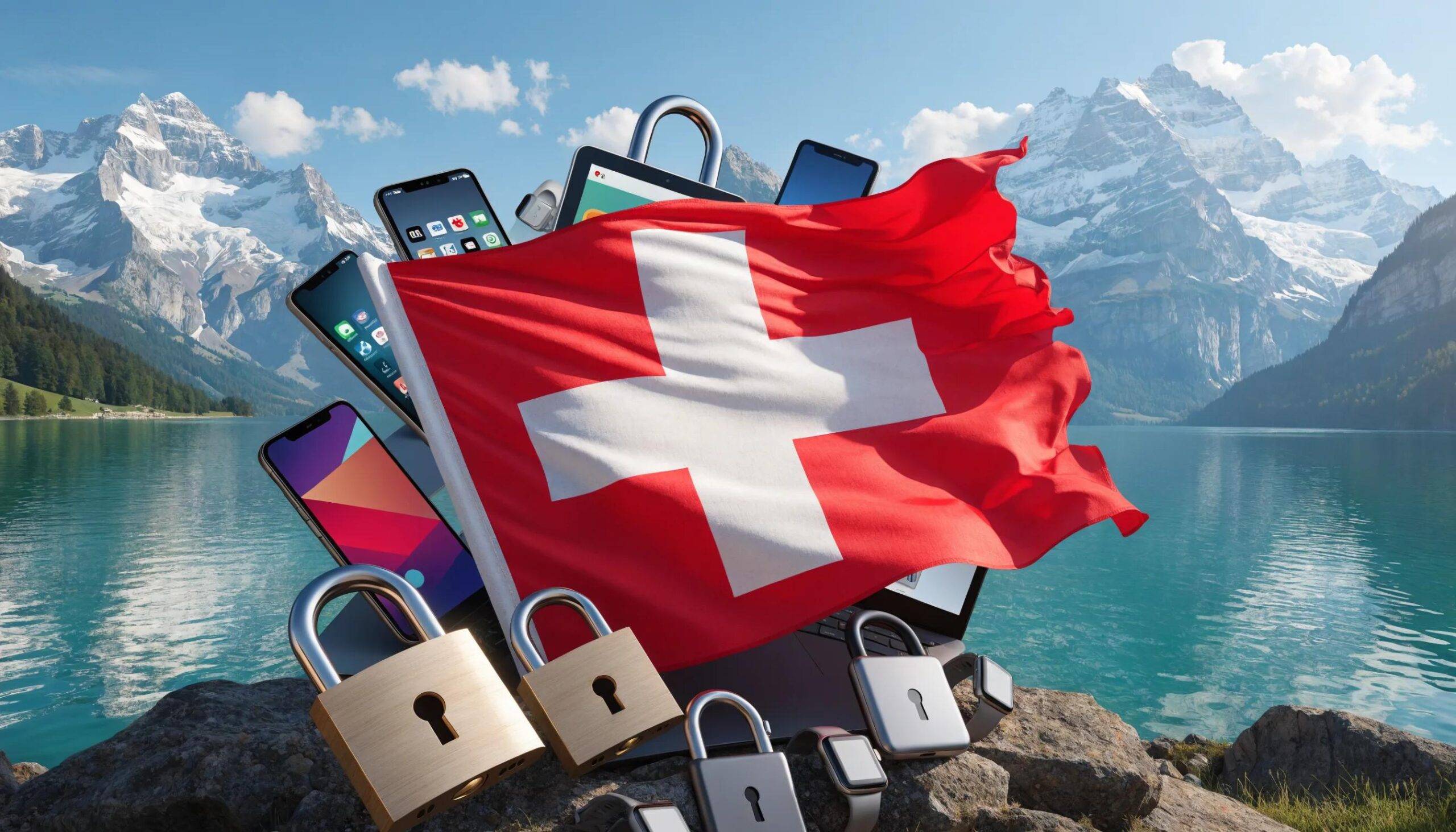 Swiss flag with privacy symbols in a scenic setting highlighting data protection