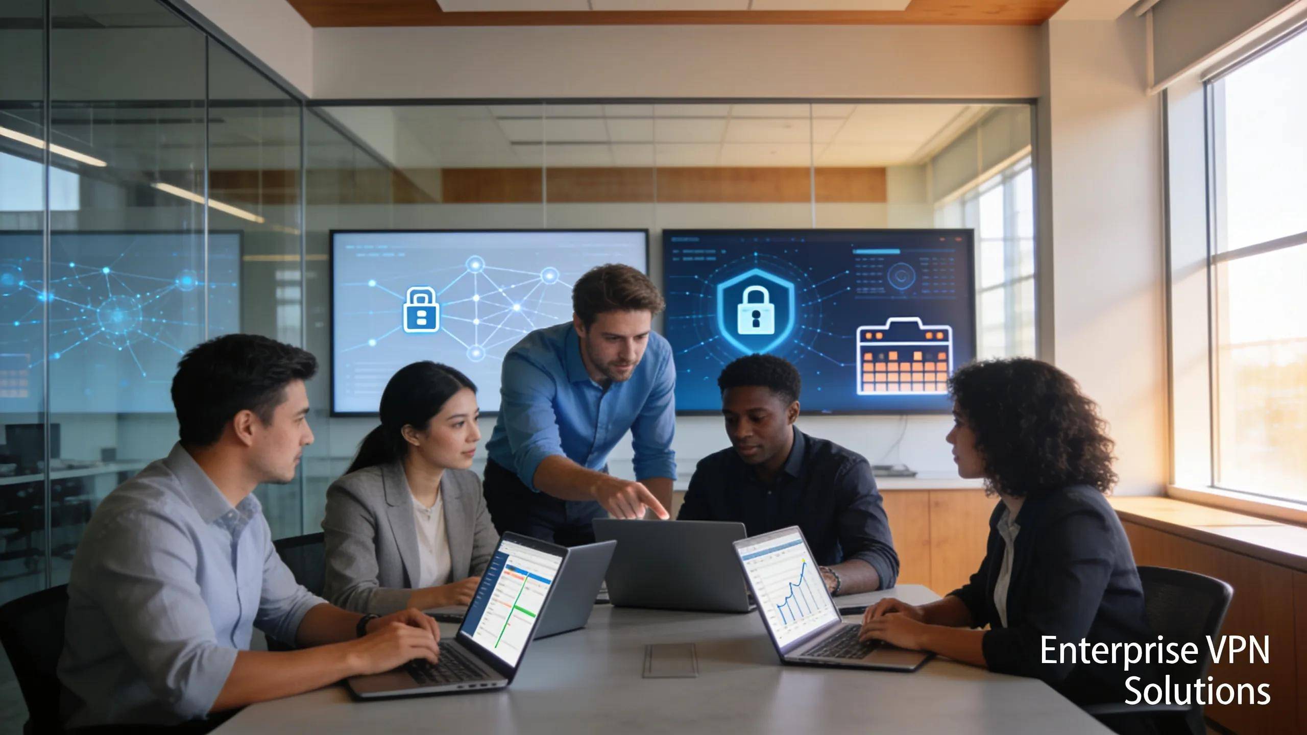 Collaboration of professionals in a secure office environment highlighting enterprise VPN solutions