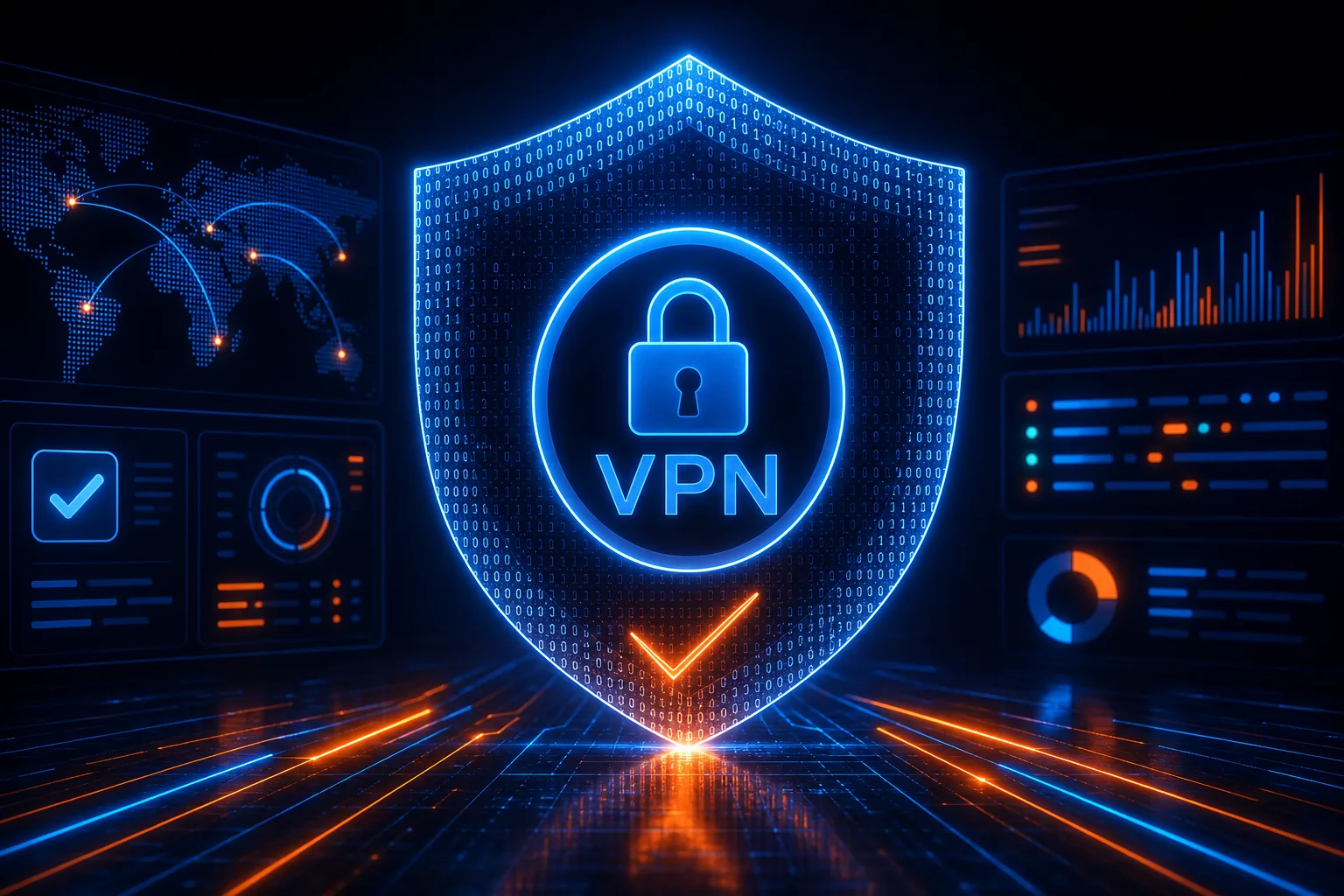 Digital shield icon representing VPN security, featuring a padlock and global network connections, illustrating secure