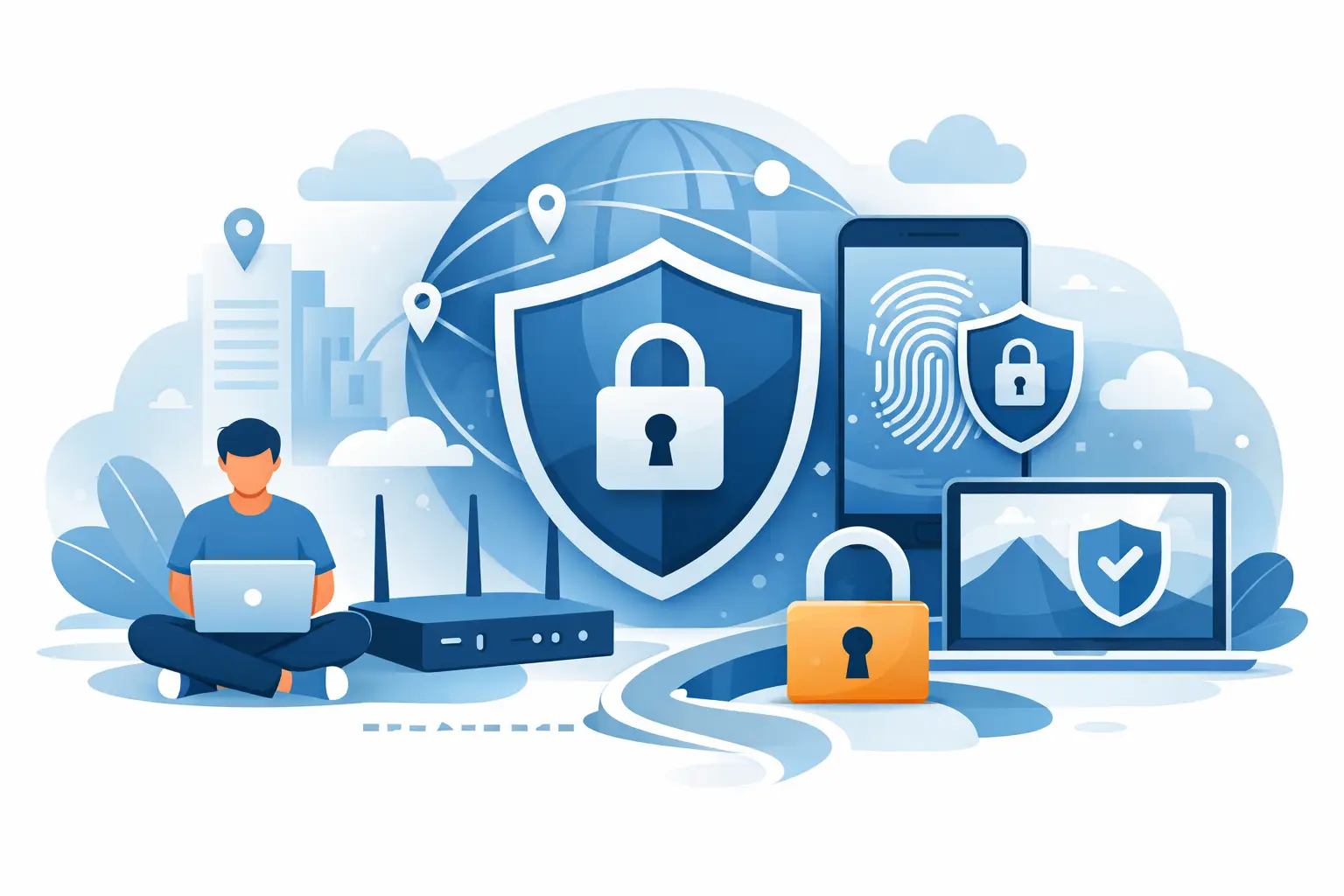 VPN security and privacy illustration with laptop, router, smartphone, and shields protecting digital data.