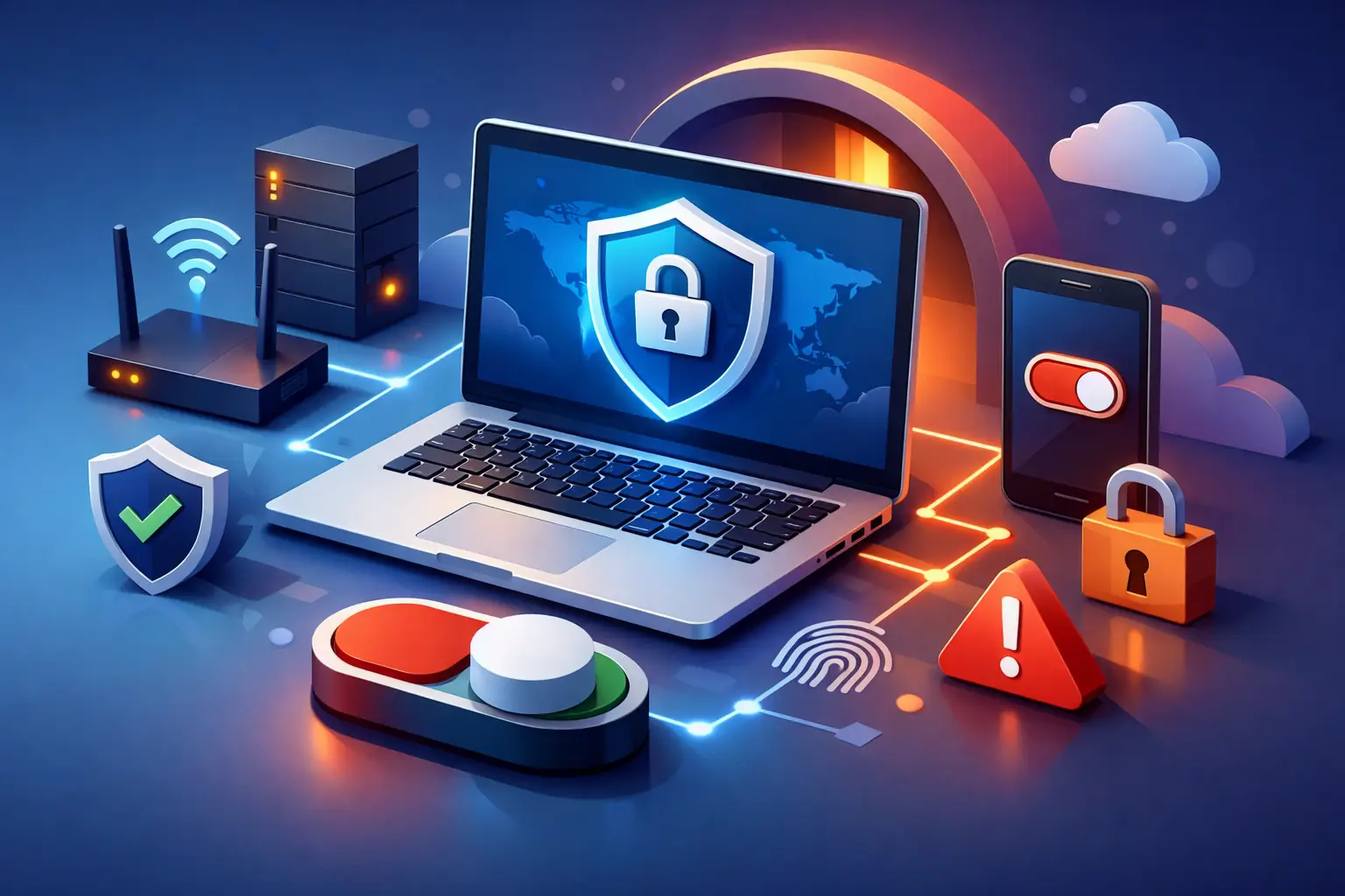 VPN kill switch protecting laptop, smartphone, and router for safer browsing.