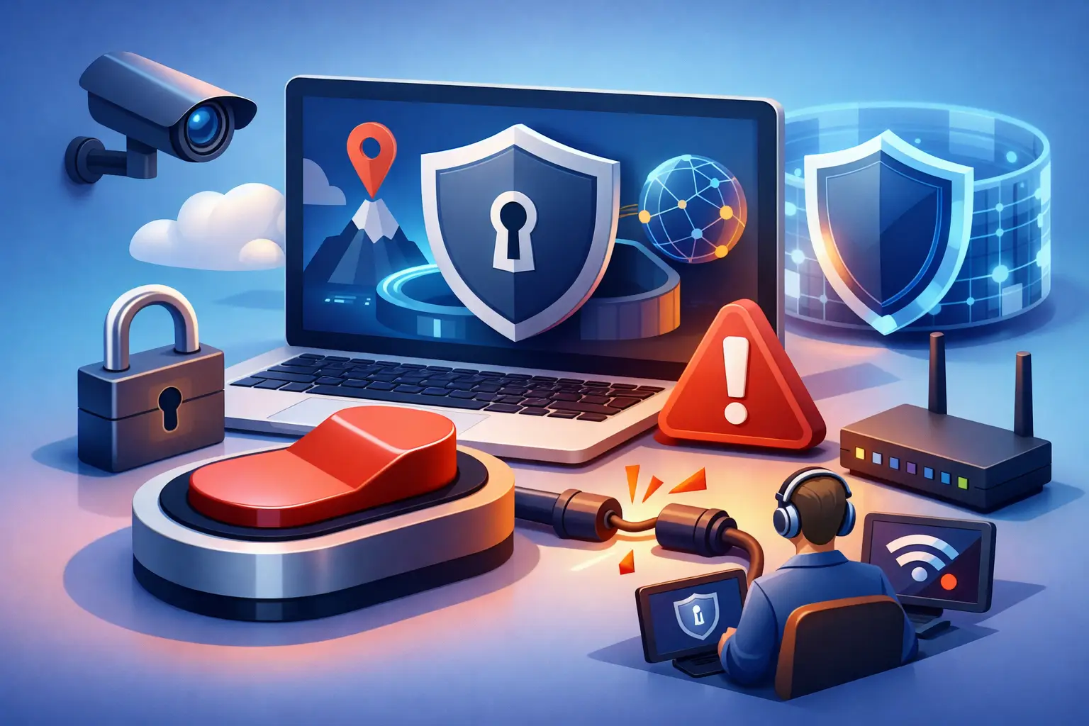 VPN kill switch protection illustration: laptop, security shields, and red kill switch preventing data leaks.