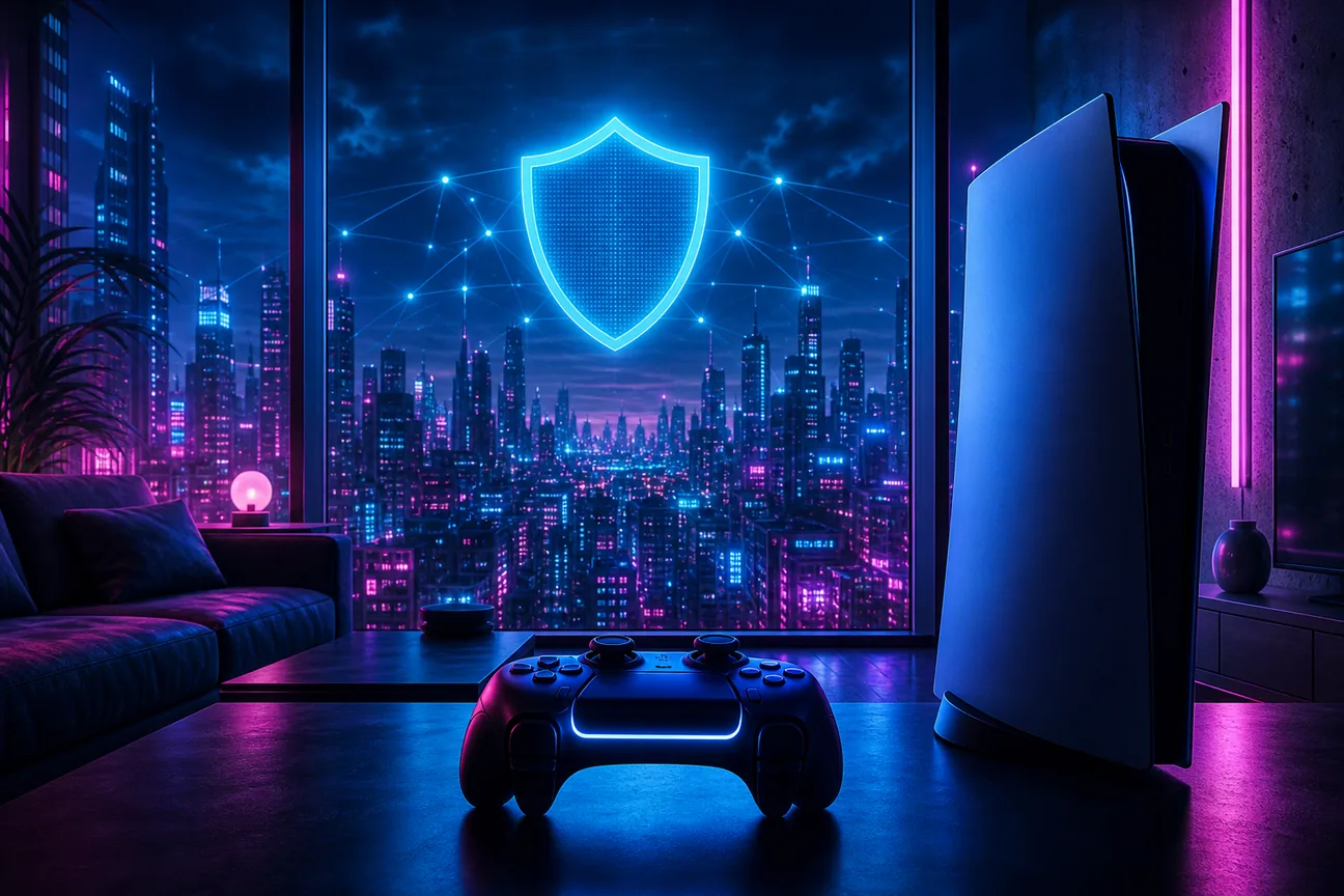 PlayStation 5 gaming with VPN protection and secure network connection.