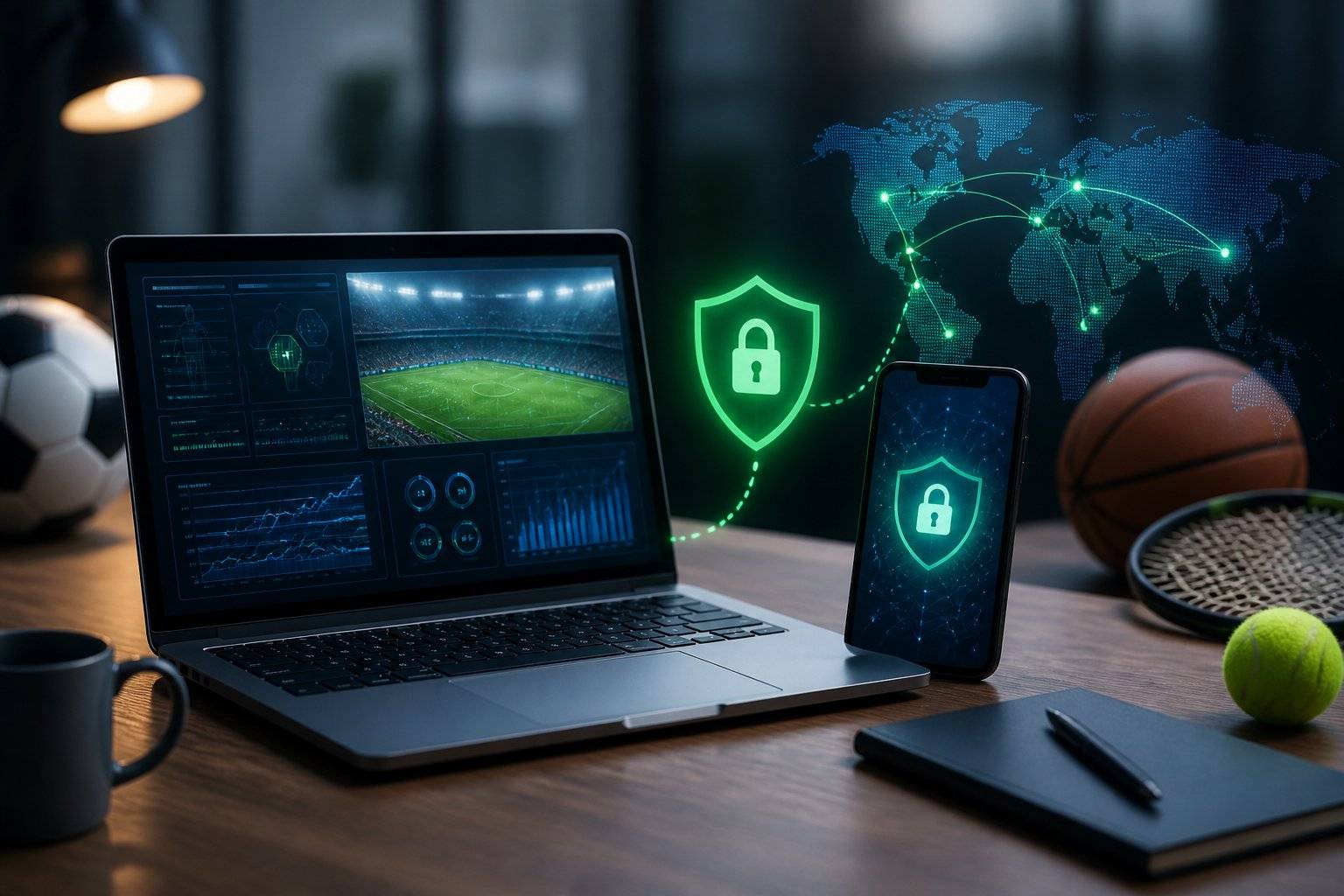 Laptop, smartphone, and sports equipment illustrating secure online sports betting with VPN protection.