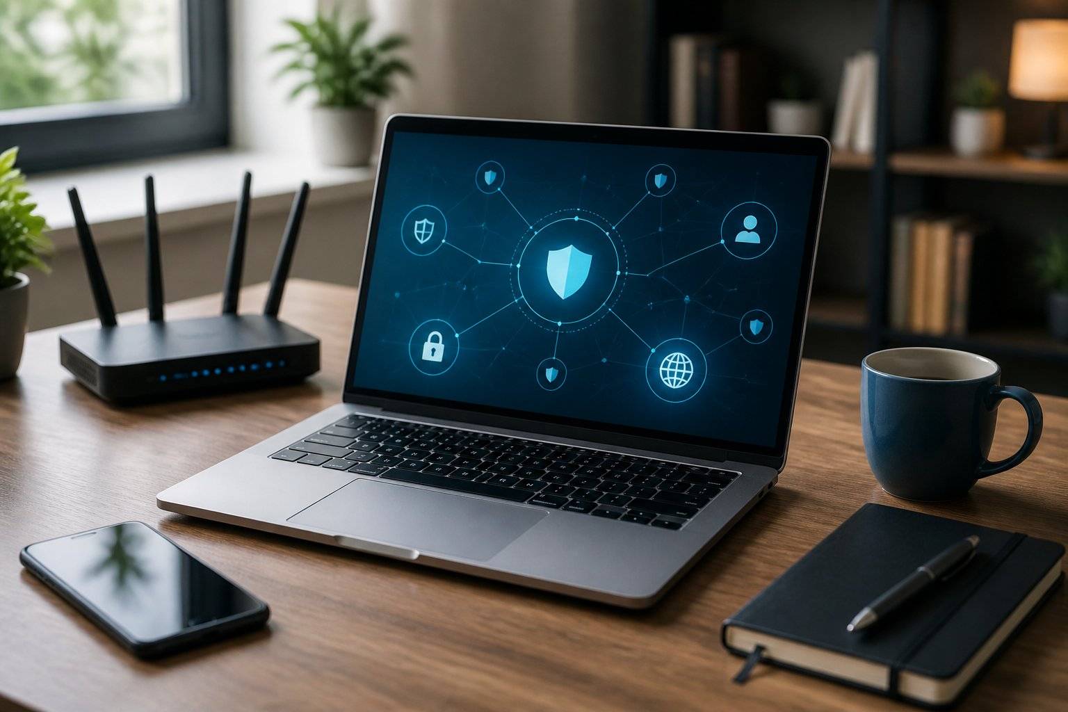 Laptop displaying VPN security network and router setup for PlayStation 5 gaming