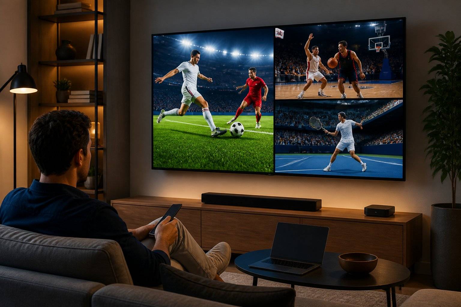 Man watching sports streams on a large TV, bypassing regional blackouts with a VPN.