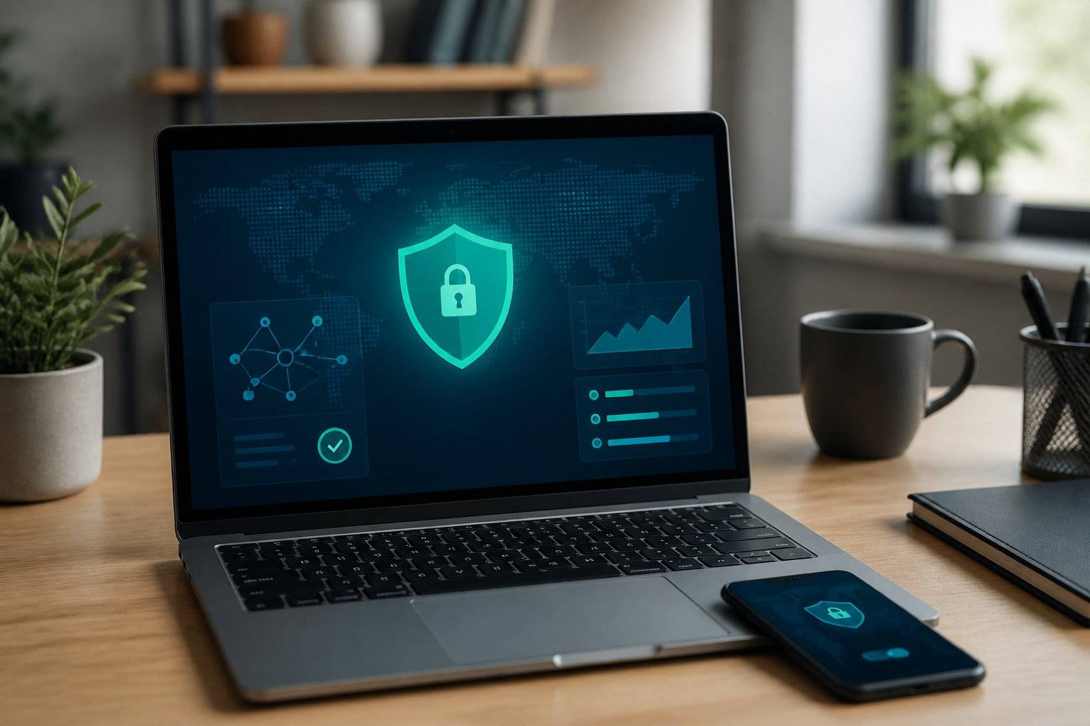 Laptop displaying secure network and data protection, illustrating Proton VPN's privacy features.