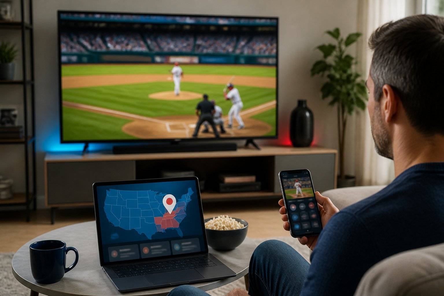 Man watching MLB.tv on TV, laptop displaying US map with location marker, and smartphone showing