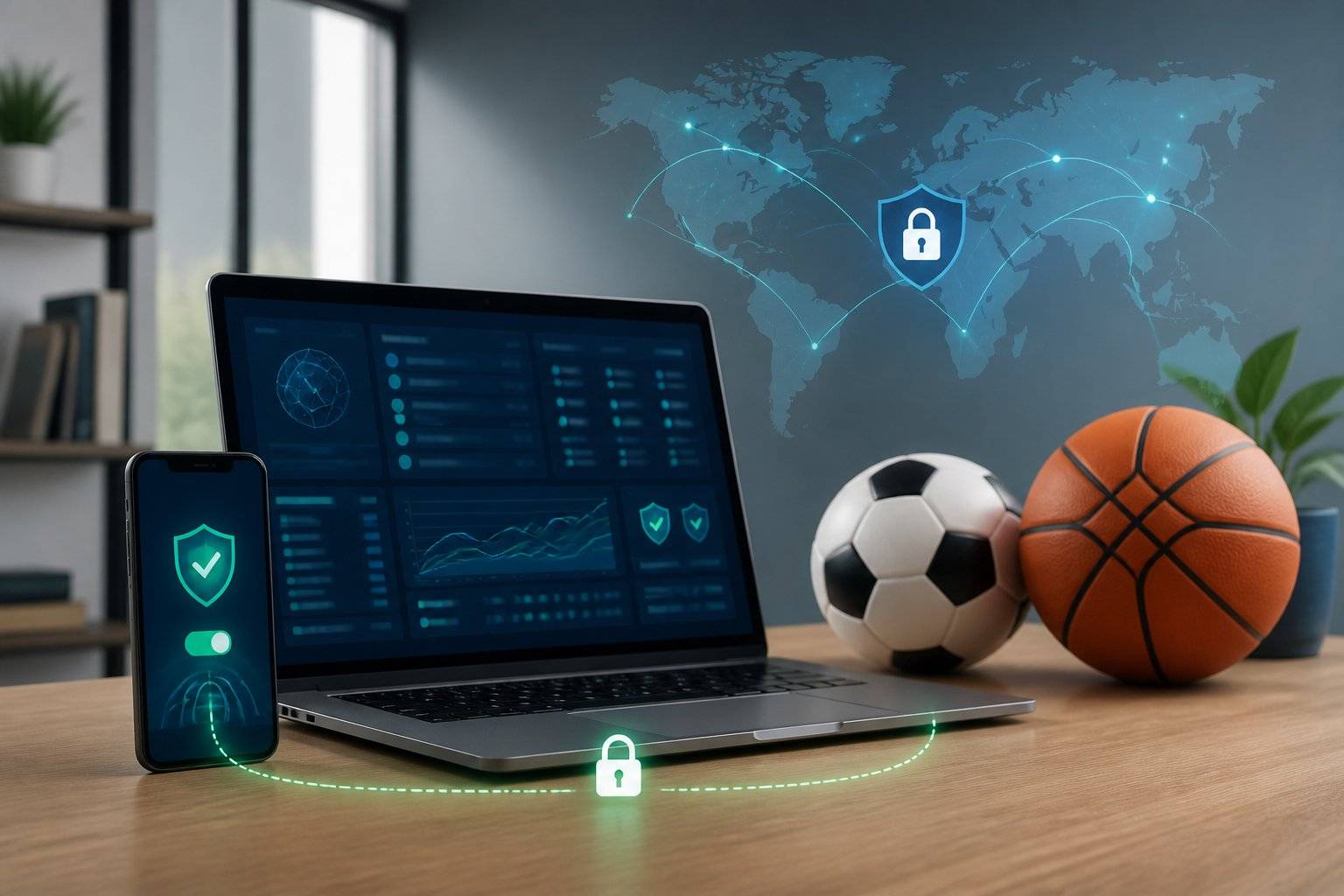 Laptop, smartphone, and basketball representing secure sports betting with VPN protection and global access.