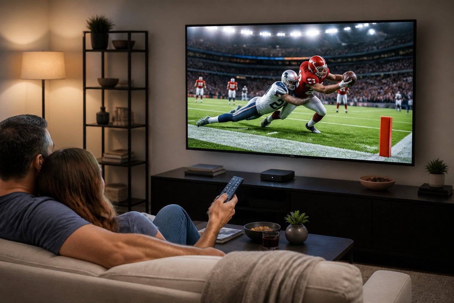 Couple watching football game on large screen TV, illustrating streaming performance and device compatibility.