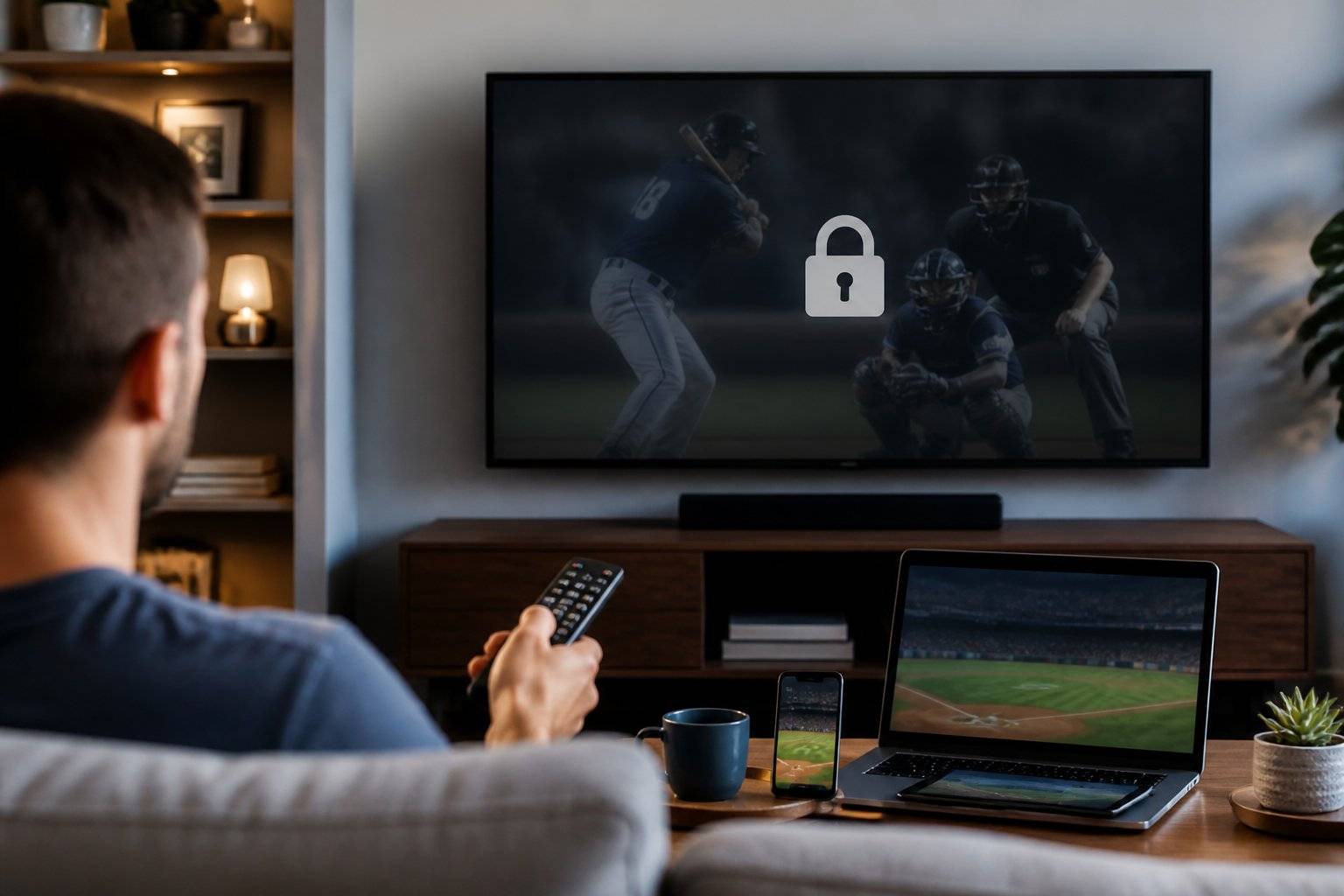 Man watching baseball game on TV with padlock icon, bypassing MLB.tv blackouts and securing streaming