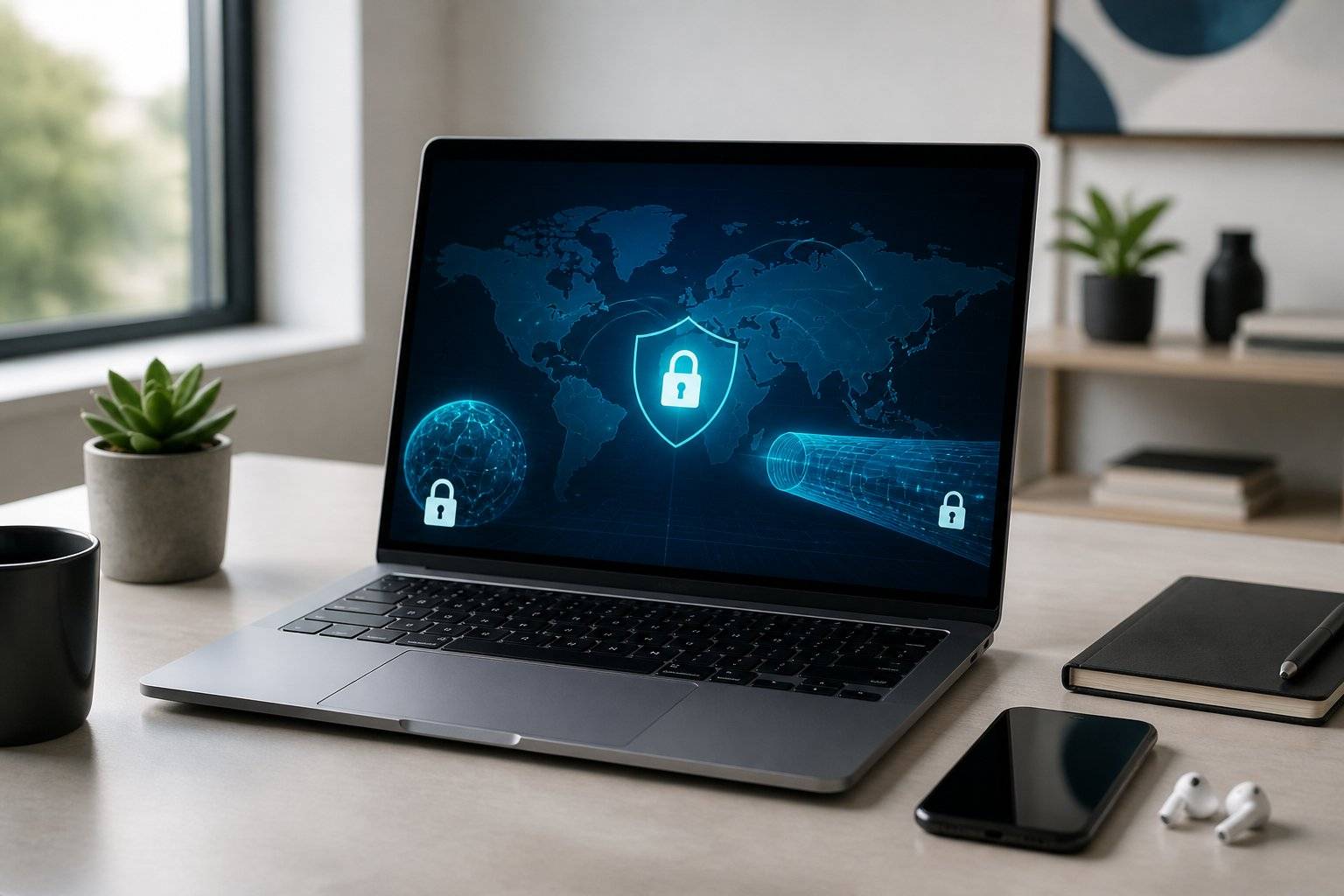 Laptop displaying a world map with security shield and VPN tunnel, illustrating online privacy and
