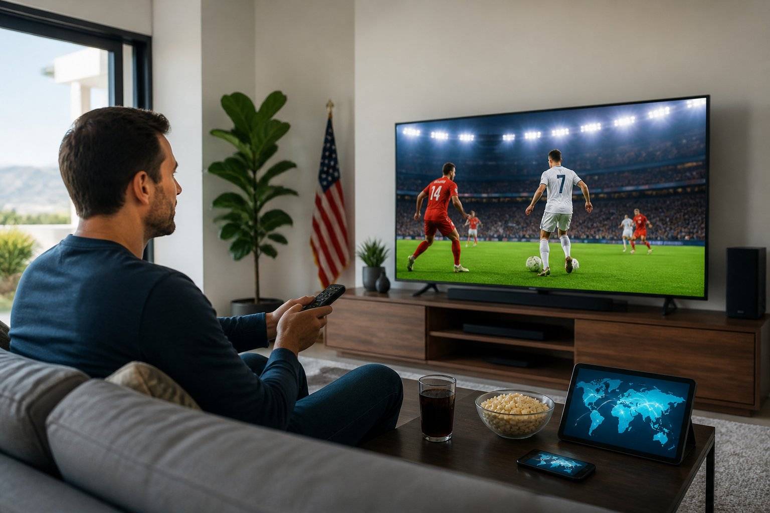 Man watching Sky Sports on TV with VPN device and remote control.