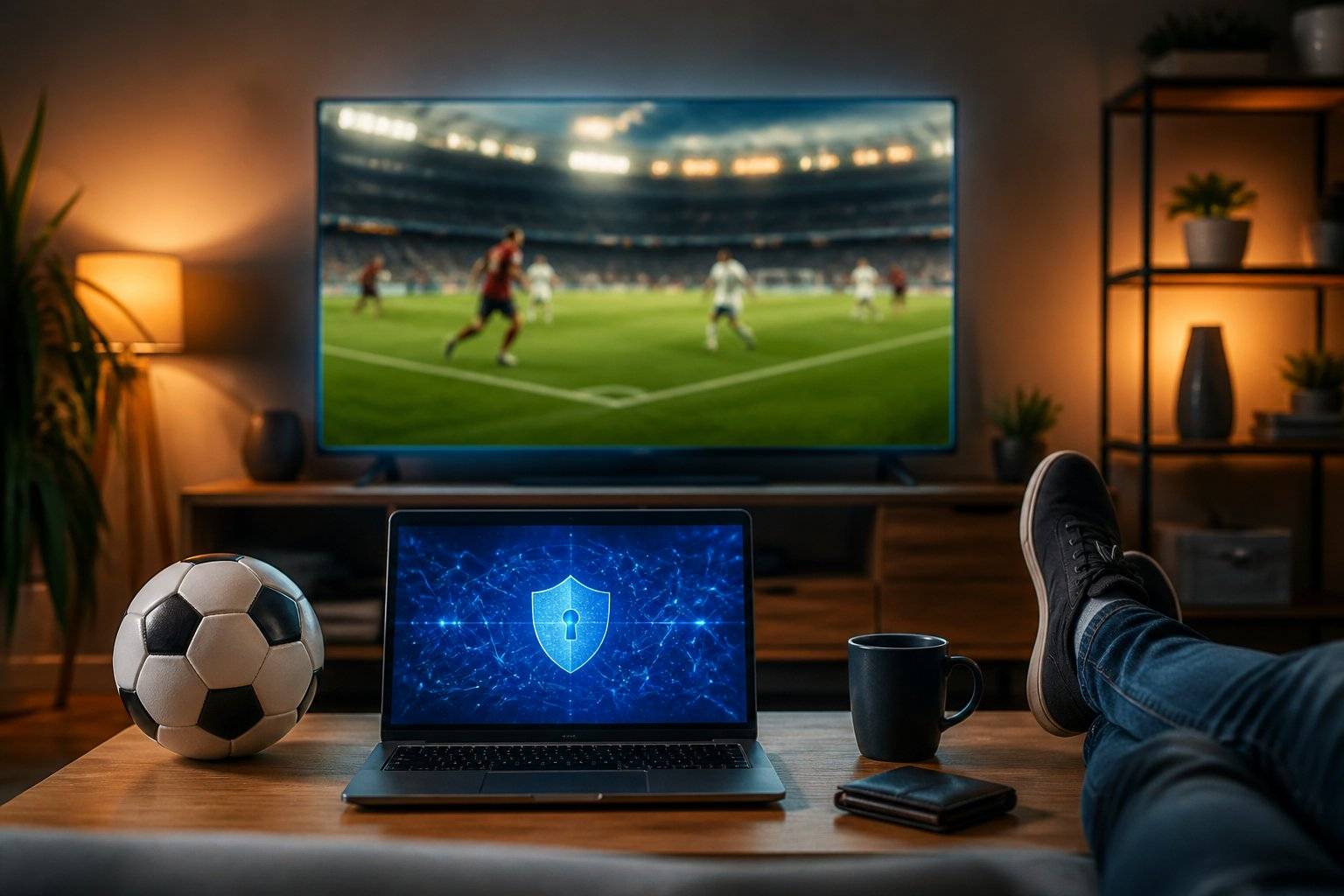 Laptop displaying a digital shield icon alongside a soccer game on a television, illustrating secure