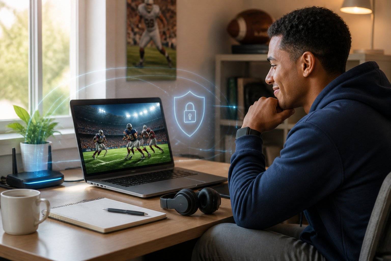 Man watching college football on laptop, secured with digital shield, illustrating VPN use to bypass