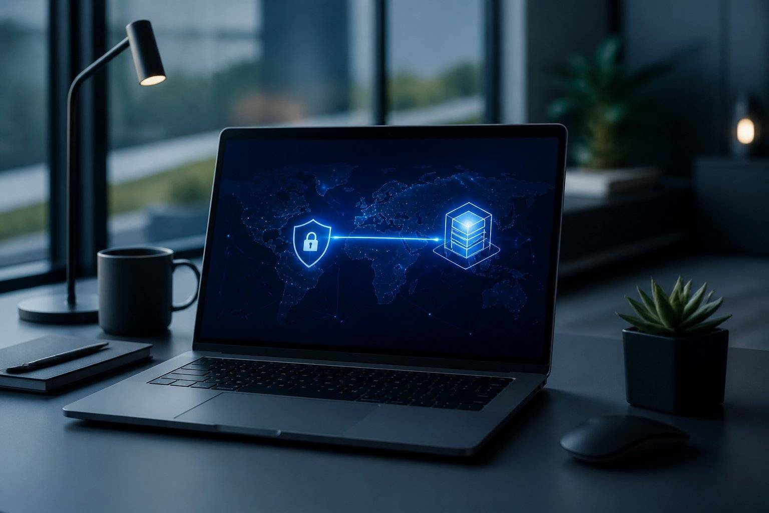 Laptop displaying a digital world map with a secure connection icon, symbolizing VPN protection for