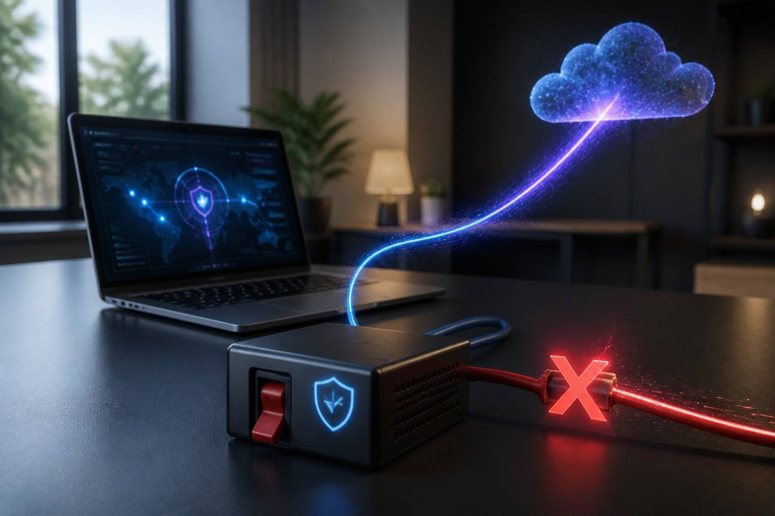 Laptop and router connected with secure data transfer and kill switch protection.