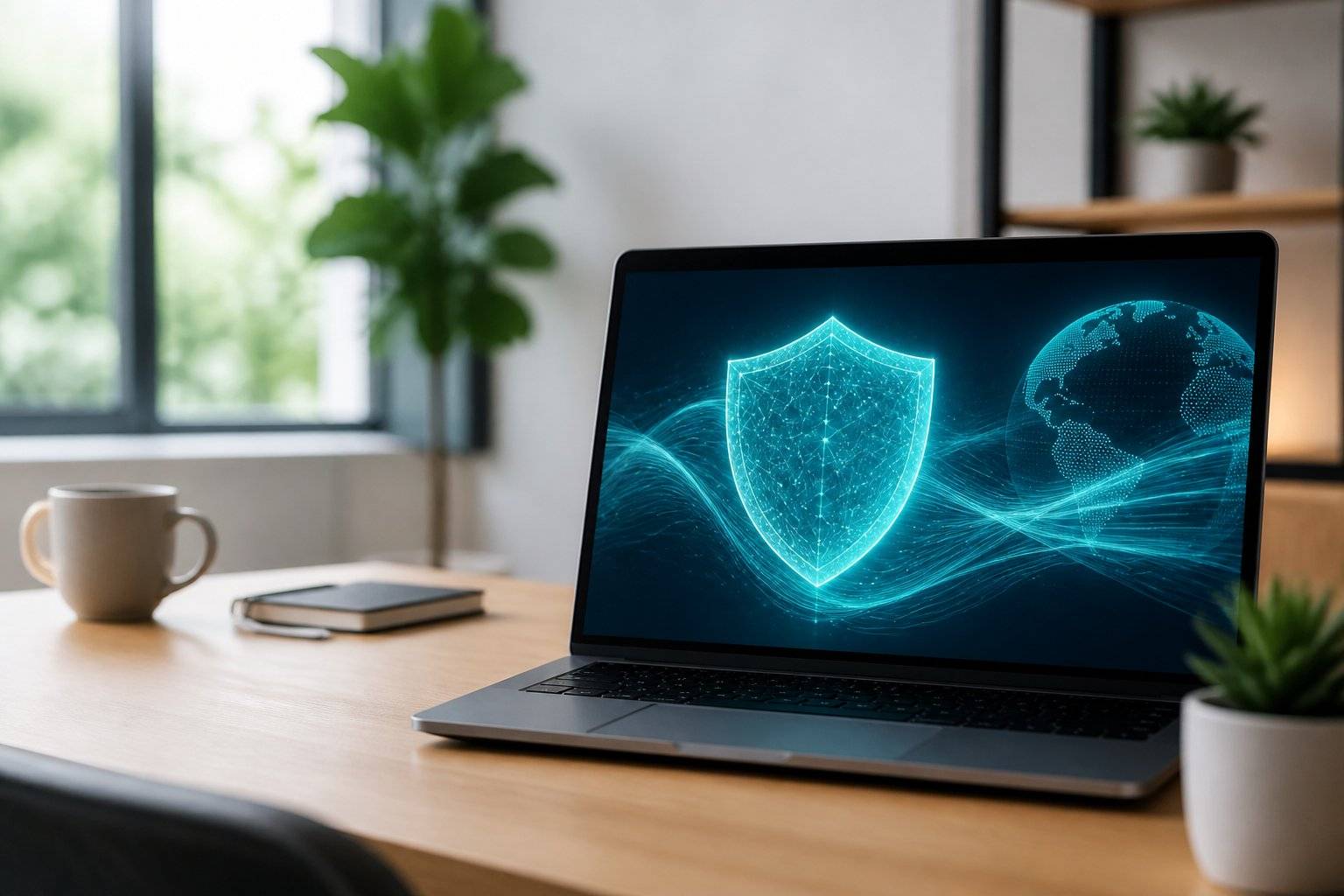 Laptop displaying a digital shield graphic over a world map, symbolizing online security and digital